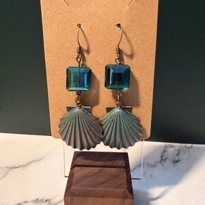 Teal Shell Drop Earrings with Square Accents